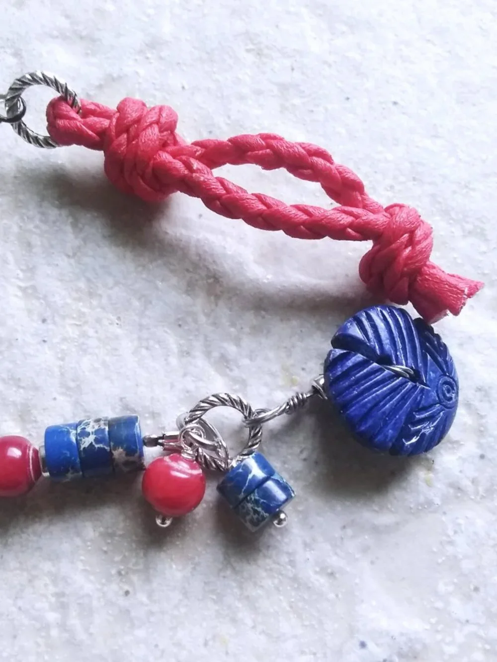 Handmade! Button & Loop Bracelet ~ Genuine Red Coral & Blue Sea Sediment Jasper